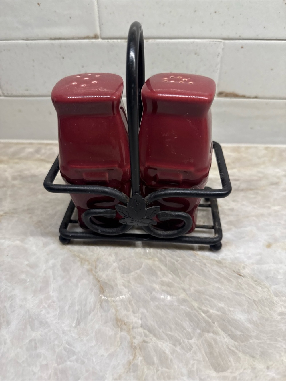Longaberger Woven Traditions Paprika Salt & Pepper Shakers in Wrought Iron Caddy